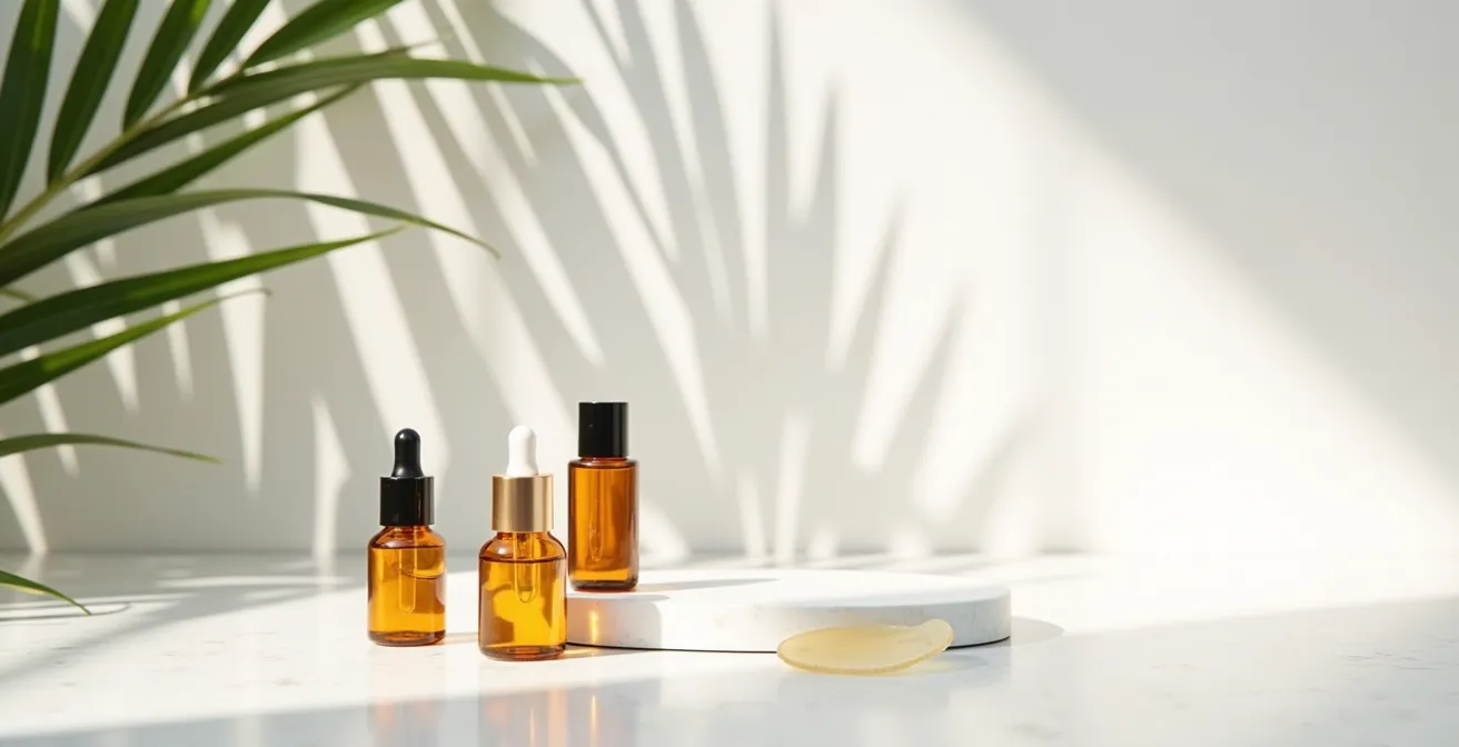 Professionelle Darstellung von Ampullen und Gesichtsmasken für die Notfall-Hautpflege