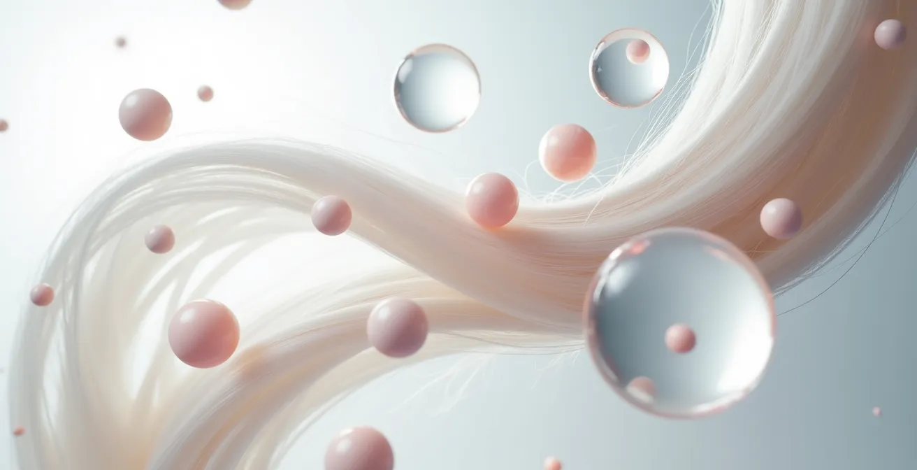 Symbolische Darstellung von Antioxidantien-Molekülen, die Haarfasern umgeben und so ein Schutzschild bilden.