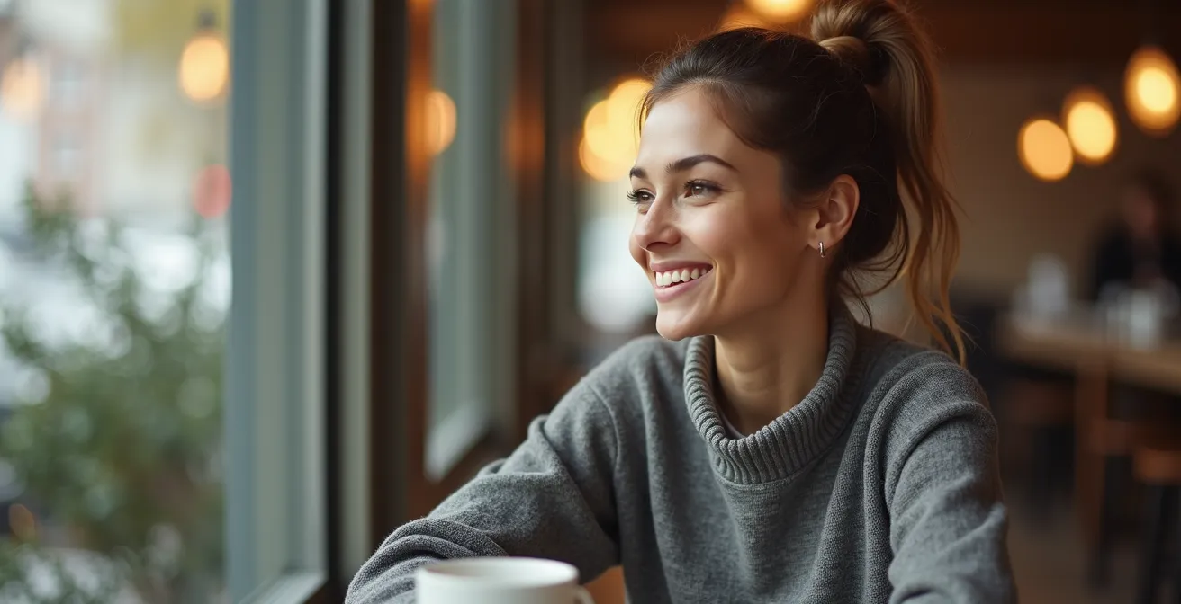Stilvolle Kombination aus Sportkleidung und eleganten Elementen im Café-Setting