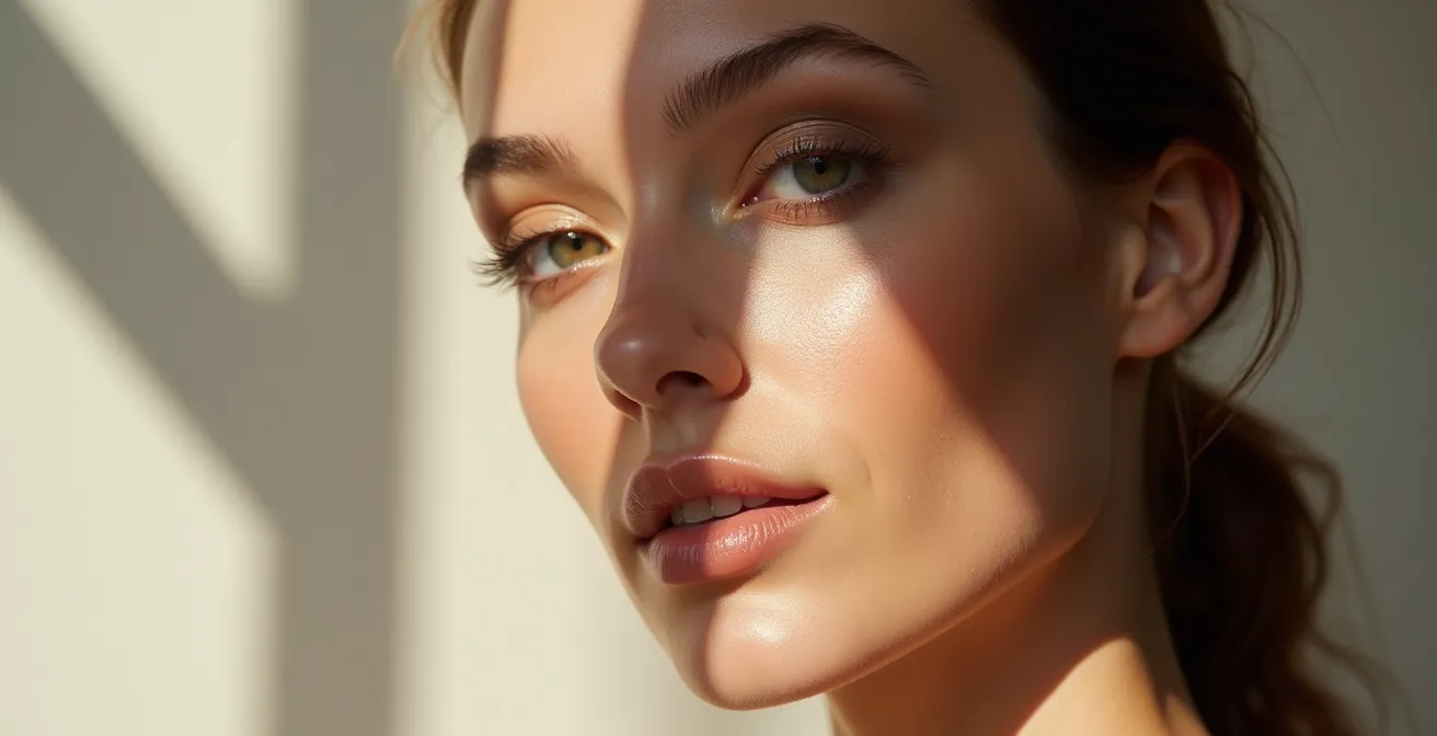 Professionelle Seitenansicht eines Auges mit detaillierter Konturierung in neutralen Brauntönen