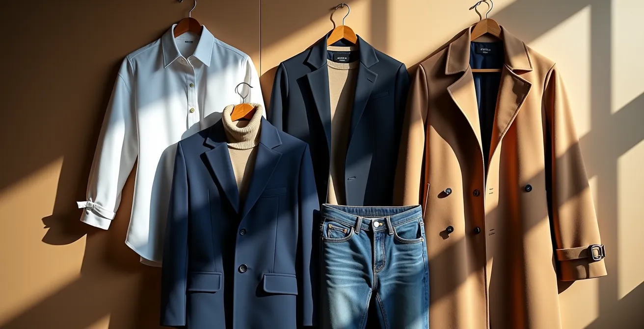 Die fünf zeitlosen Basics einer klassischen Garderobe arrangiert