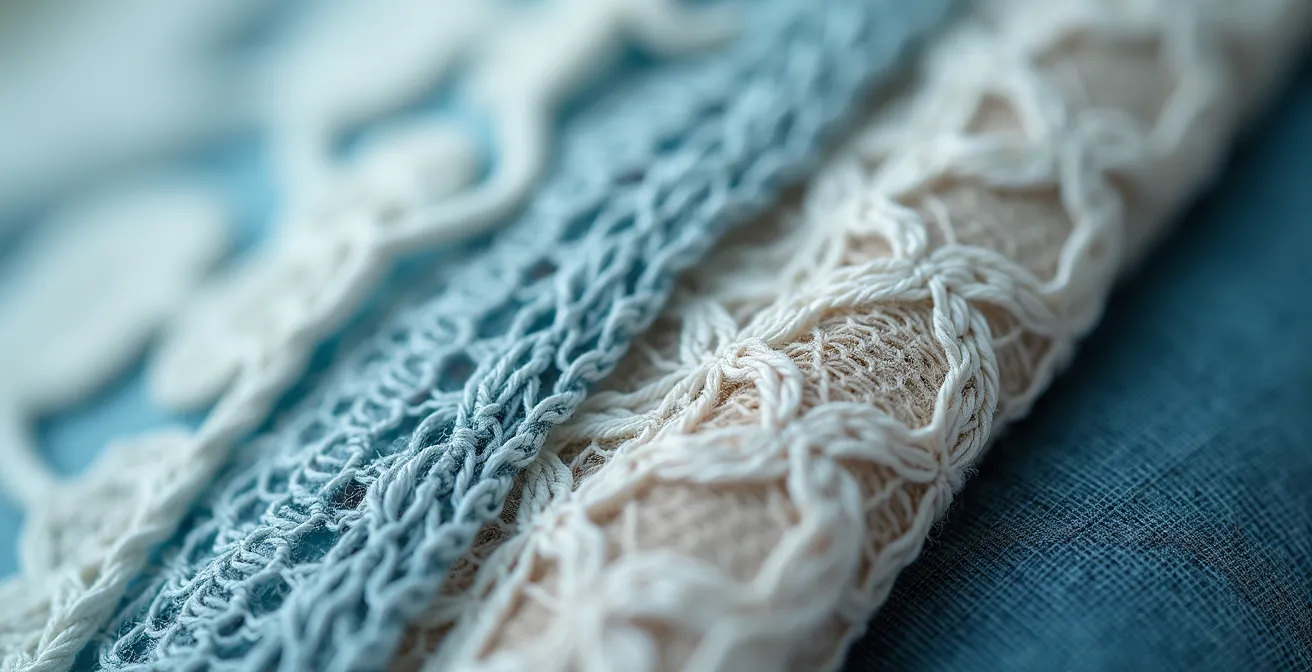 Makroaufnahme von hochwertigen Textilien und Spitzendetails, die die feine Webart und Qualität zeigen