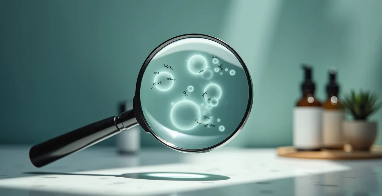 Detailaufnahme einer INCI-Liste auf einer Shampoo-Flasche mit einer Lupe, die die Inhaltsstoffe hervorhebt.