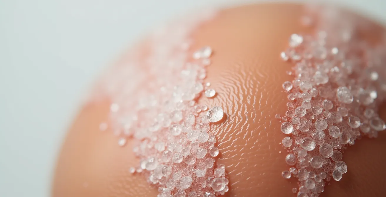 Makroaufnahme verschiedener Peeling-Texturen auf der Kopfhaut