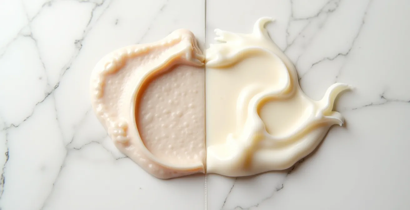 Vergleichende Darstellung von Premium- und Drogerie-Haarmasken mit sichtbaren Texturen