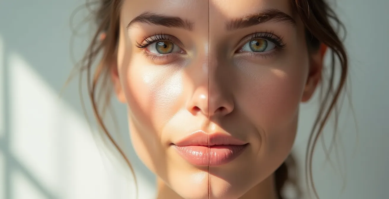 Splitscreen-Vergleich von Make-up-Anwendung auf trockener versus gut hydratisierter Haut, die links fahl und rechts strahlend wirkt.