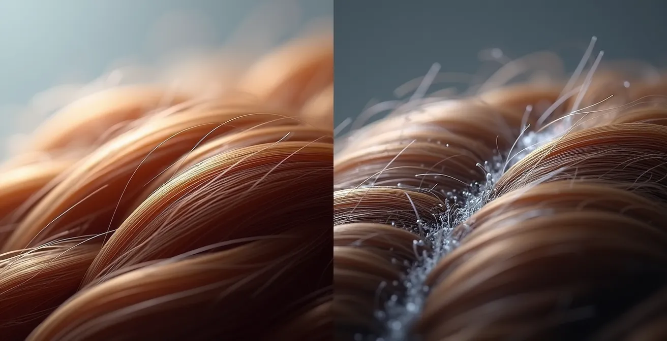 Mikroskopische Gegenüberstellung von gesundem und hitzegeschädigtem Haar