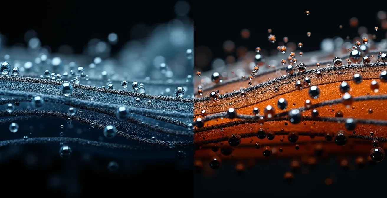 Mikroskopaufnahme verschiedener Textilfasern im Vergleich, die den Unterschied zwischen atmungsaktiven und nicht atmungsaktiven Strukturen zeigt