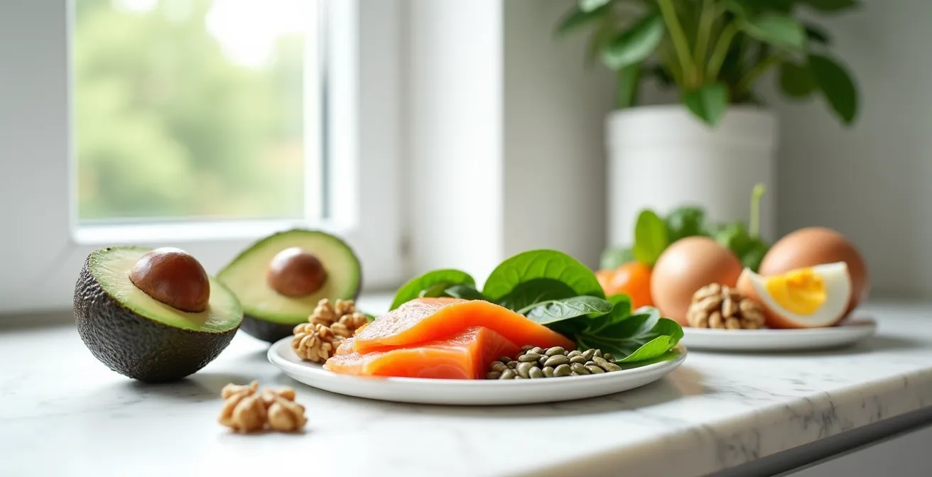 Arrangement von frischen deutschen Lebensmitteln für gesundes Haarwachstum