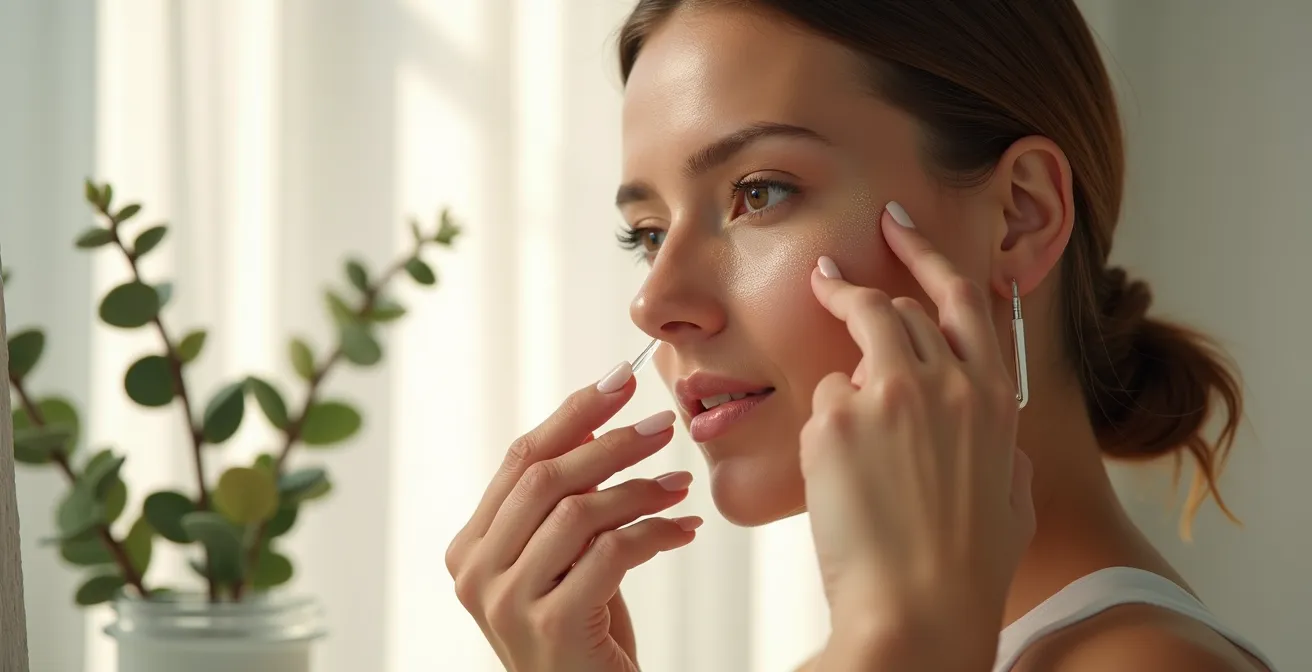 Frau trägt minimalistisches Hautpflegeprodukt mit Fingerspitzen auf