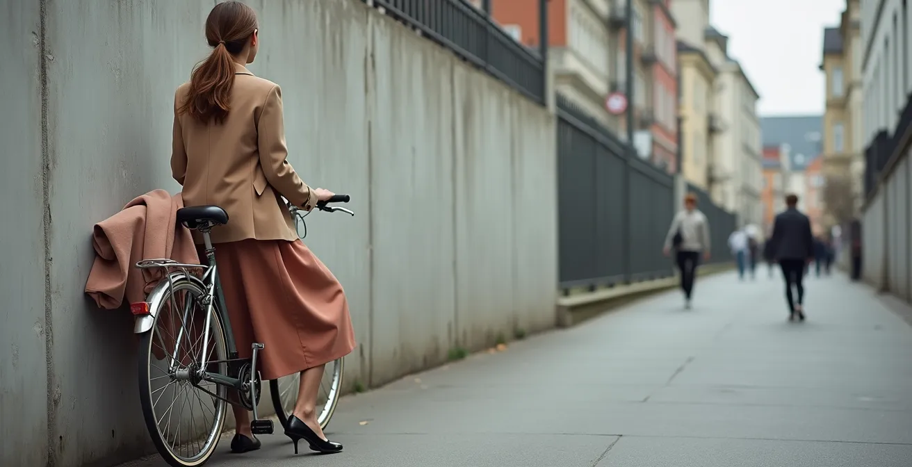 Elegante Pariser Mode, bestehend aus einem Blazer und einem Rock, lässig an einem Fahrrad in einer deutschen Stadtkulisse arrangiert.