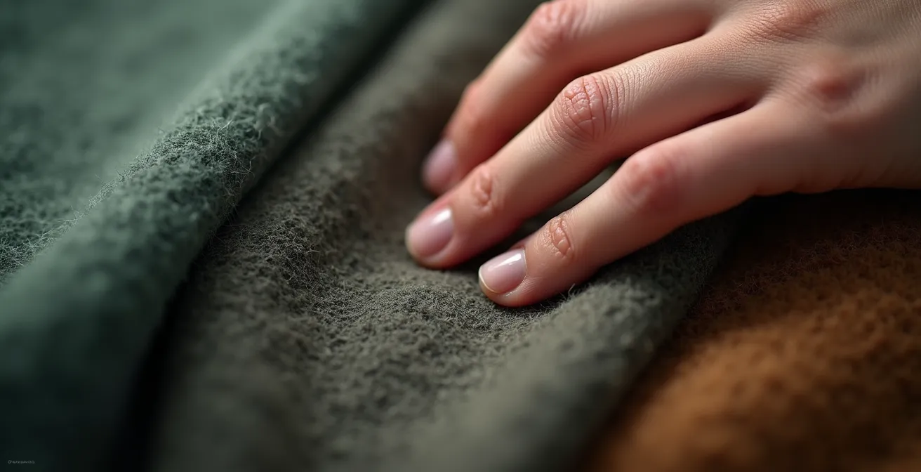 Nahaufnahme von Händen, die sanft hochwertige deutsche Stoffe wie Loden und Merinowolle berühren.