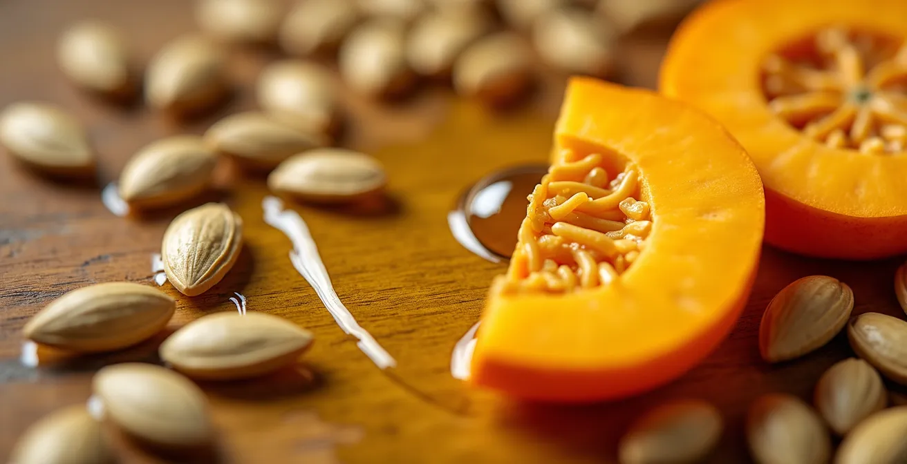 Makroaufnahme von Leinsamen, Kürbiskernen und Nordsee-Hering für optimales Haarwachstum