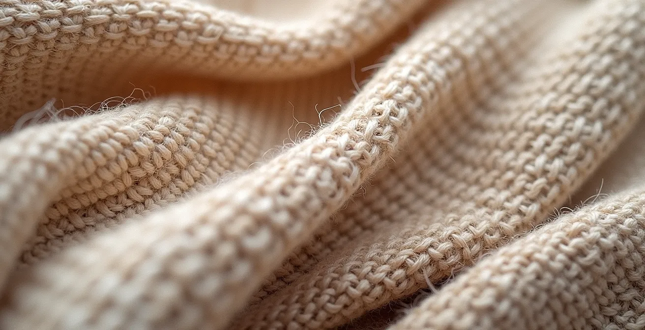 Verschiedene Stofftexturen in neutralen Tönen wie Wolle, Kaschmir und Leinen übereinander gelegt, um die visuelle Tiefe zu demonstrieren.