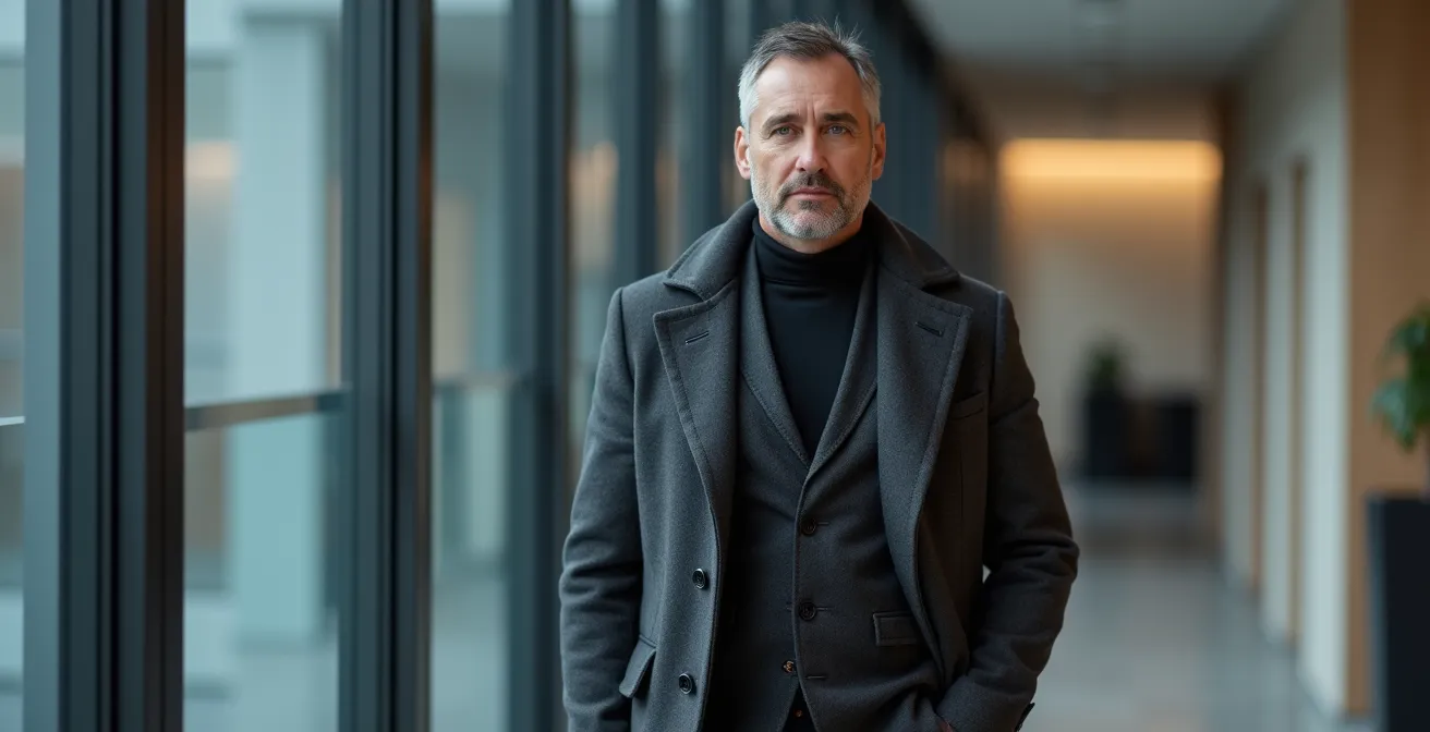Elegante Kombination aus minimalistischem Parka und Business-Outfit
