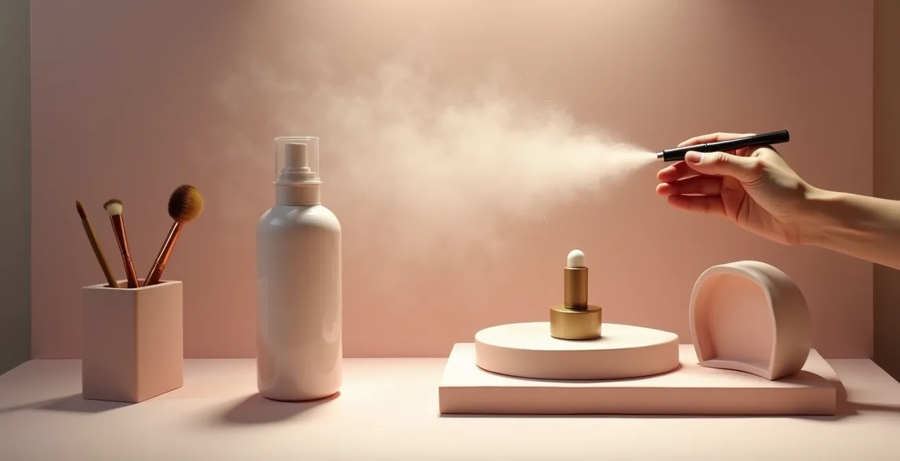 Detailaufnahme einer professionellen Fixiertechnik, bei der Fixierspray mit einem Pinsel präzise auf einen abgedeckten Punkt getupft wird.