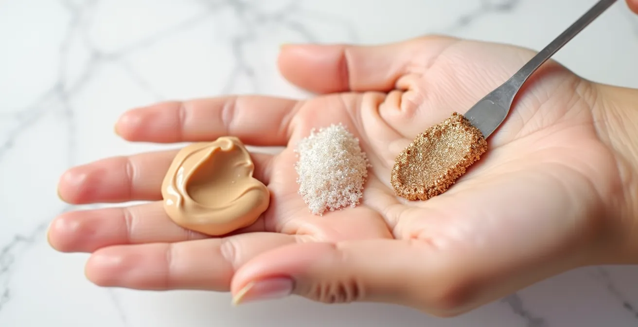 Nahaufnahme von Foundation und Highlighter Tropfen auf Handrücken beim Mischen
