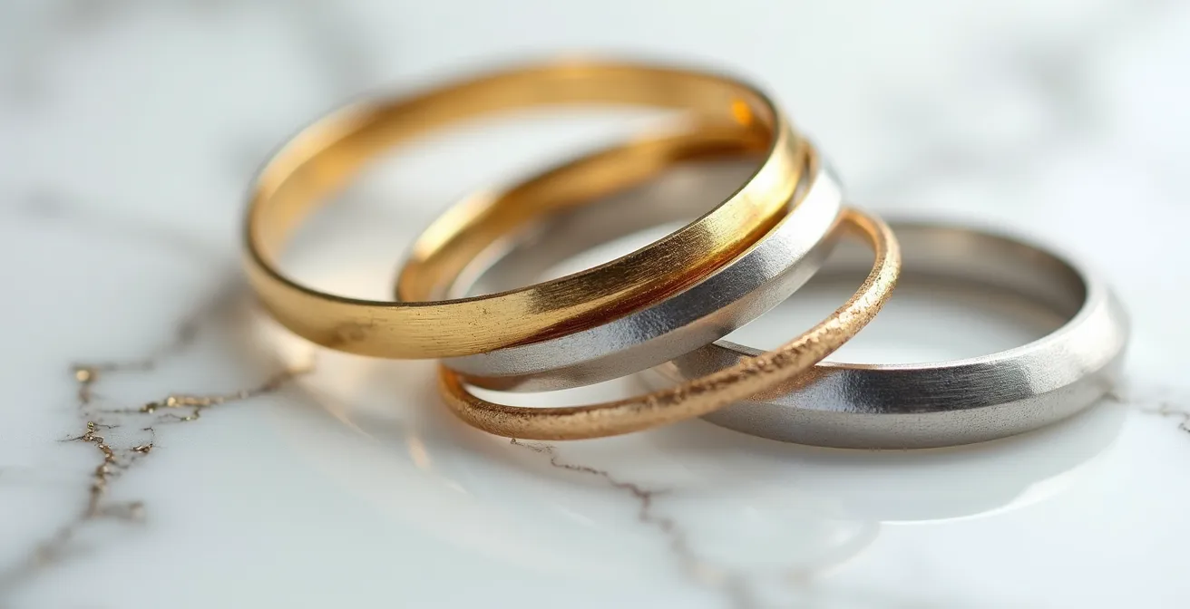 Nahaufnahme von harmonisch kombinierten Gold- und Silberschmuckstücken