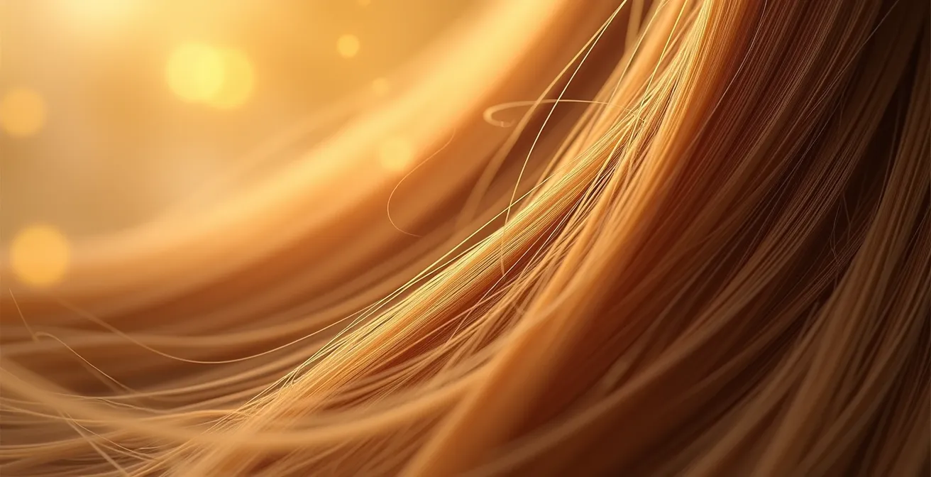 Makroaufnahme von Haarsträhnen mit sichtbarer Schutzschicht und Öltropfen