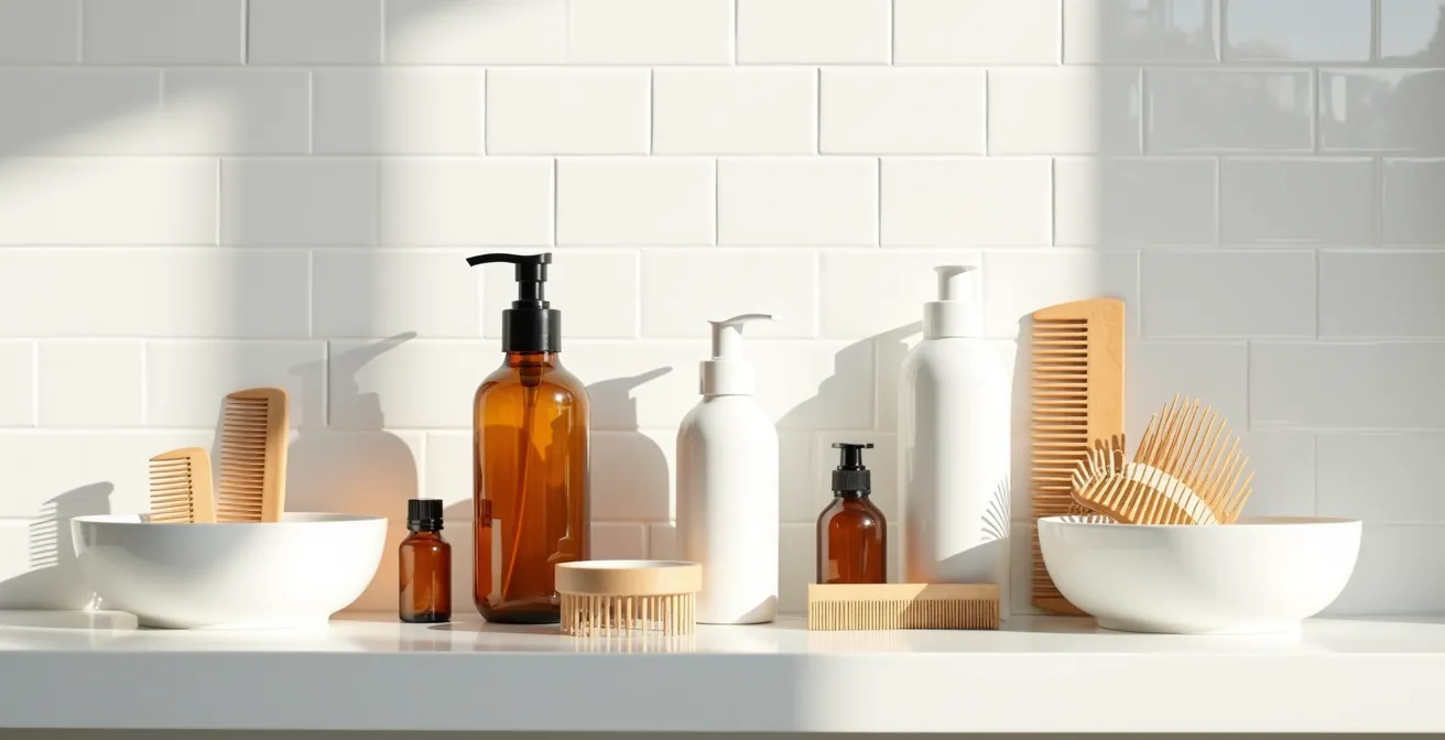 Minimalistische Anordnung natürlicher Haarpflegeprodukte in neutralen Tönen