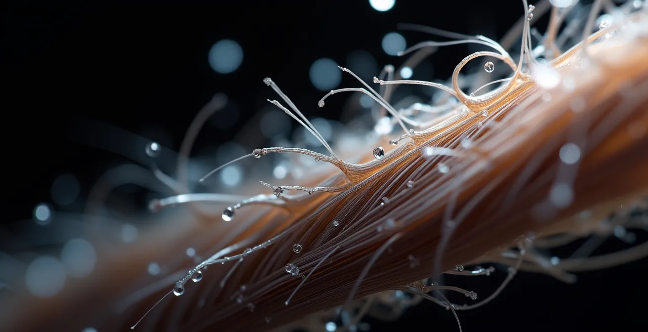 Makroaufnahme der Haarstruktur, die eine gesunde geschlossene und eine aufgeraute, geschädigte Schuppenschicht zeigt.