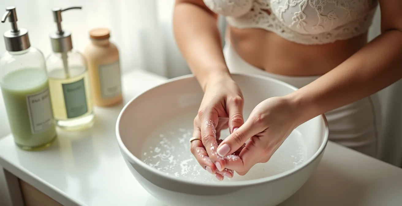 Hände pflegen behutsam hochwertige Spitzenwäsche in einer Porzellanschüssel