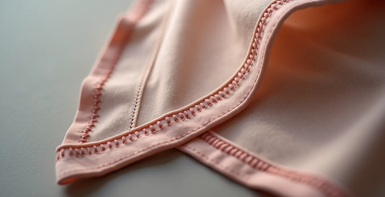 Detailaufnahme von ummantelten Nähten bei hochwertiger Wäsche, die die hohe Stichdichte und saubere Verarbeitung zeigt.