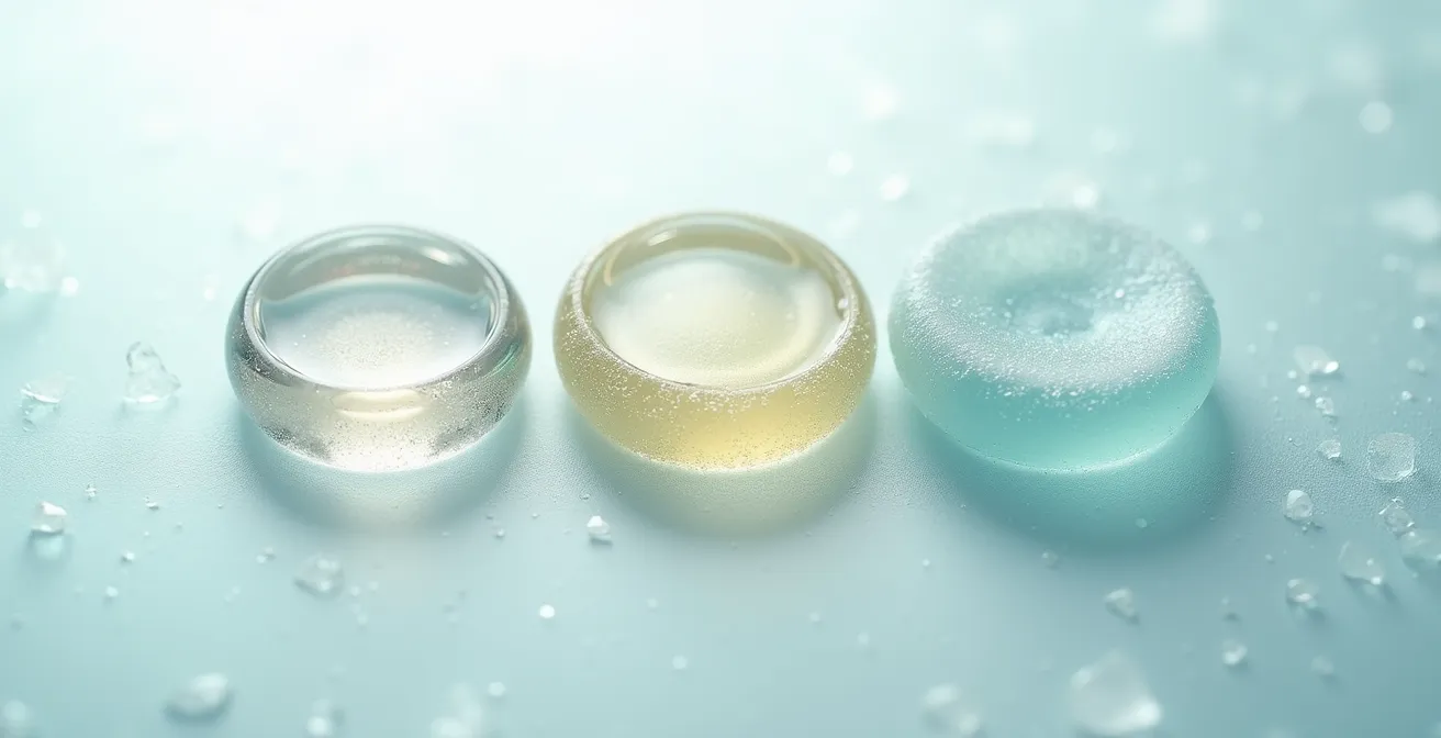 Produktschichtung von durchsichtig zu cremig auf Glasplatte demonstriert