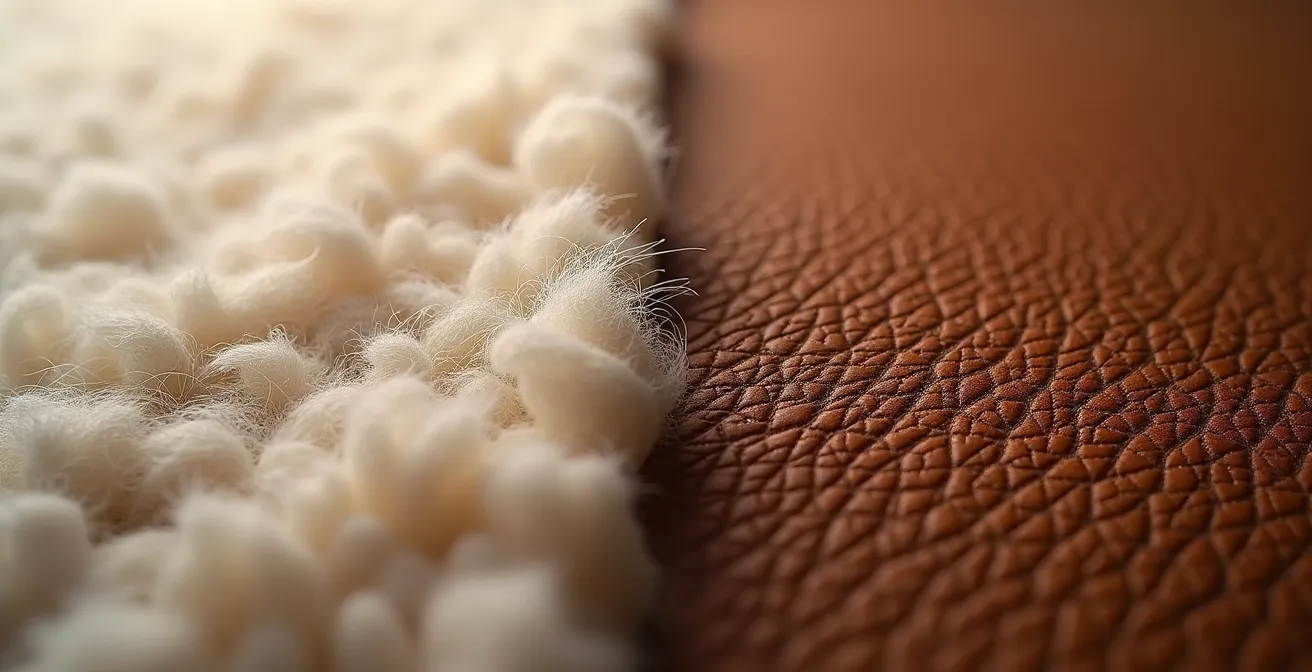 Nahaufnahme von hochwertigem Kaschmirgewebe und feinnarbigem Leder, die die Textur und Qualität der Materialien zeigen