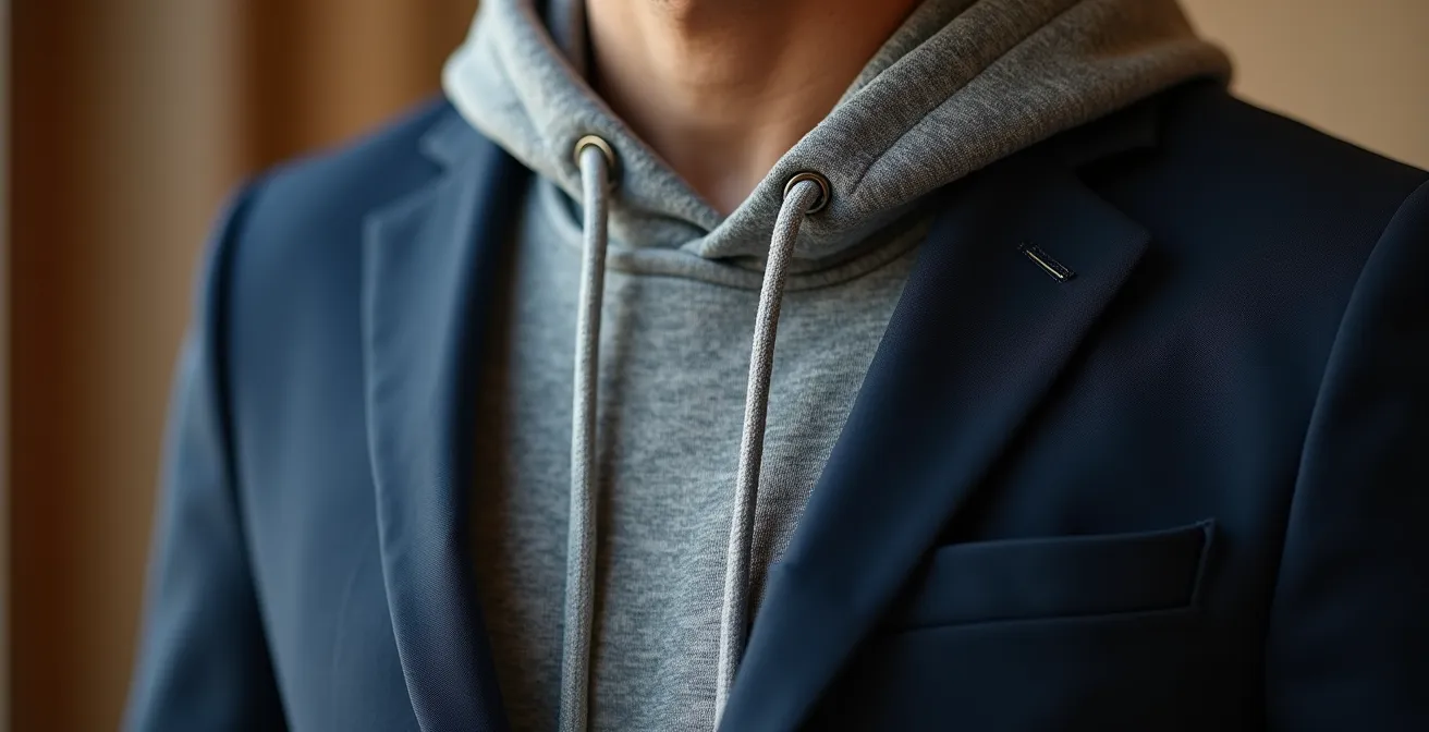 Detailaufnahme einer hochwertigen Hoodie-Blazer-Kombination, die den textuellen Kontrast zwischen weichem Hoodie-Stoff und strukturiertem Blazer zeigt