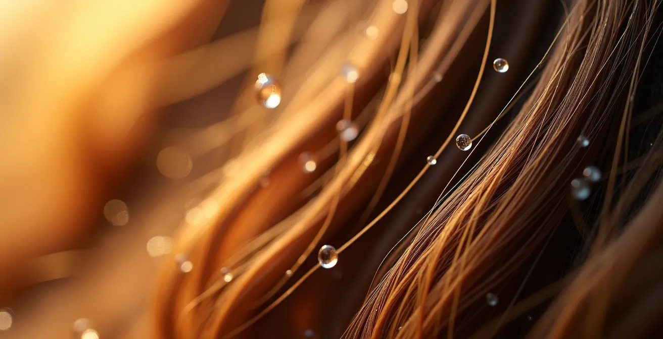 Makroaufnahme von Wassertropfen auf Haarsträhne mit Dampfblasen