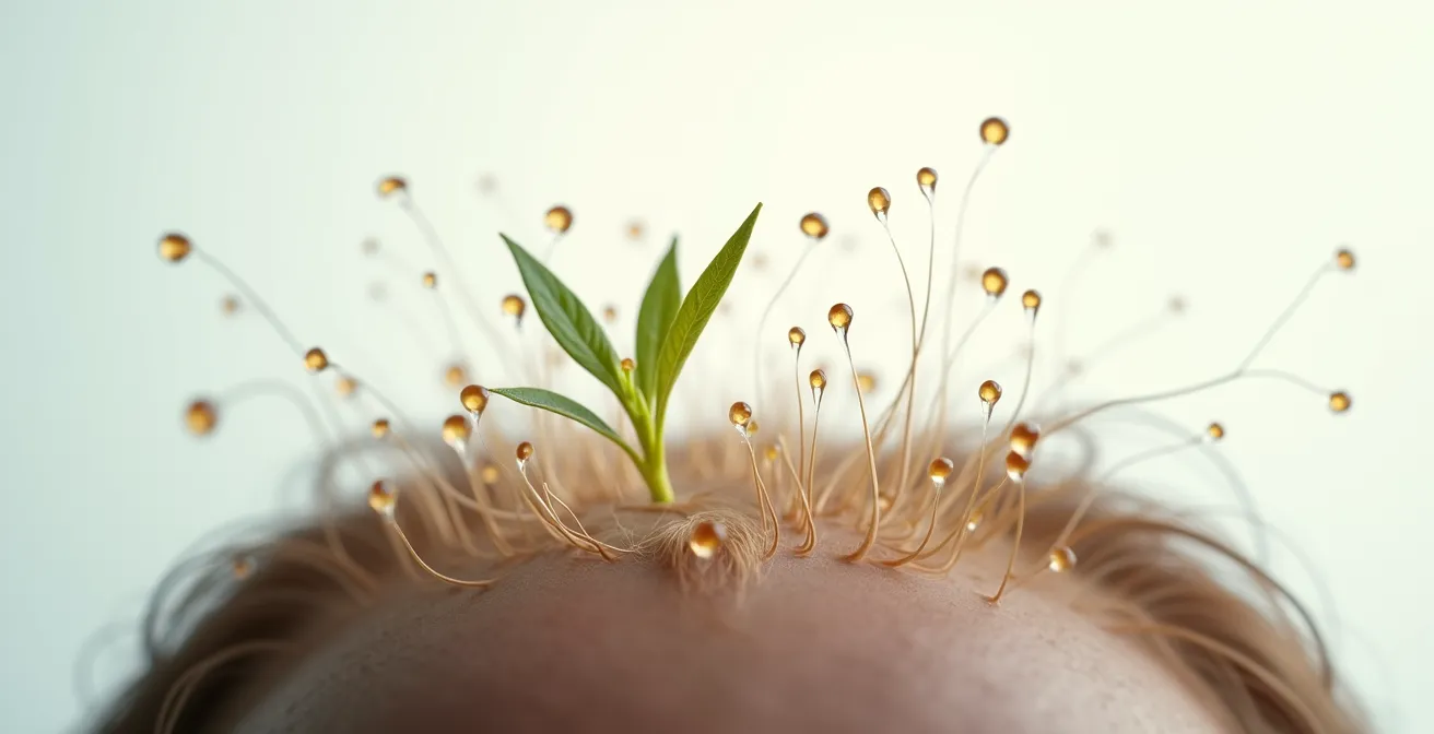 Makroaufnahme einer gesunden Kopfhaut, die das natürliche Gleichgewicht der Haarwurzeln zeigt.