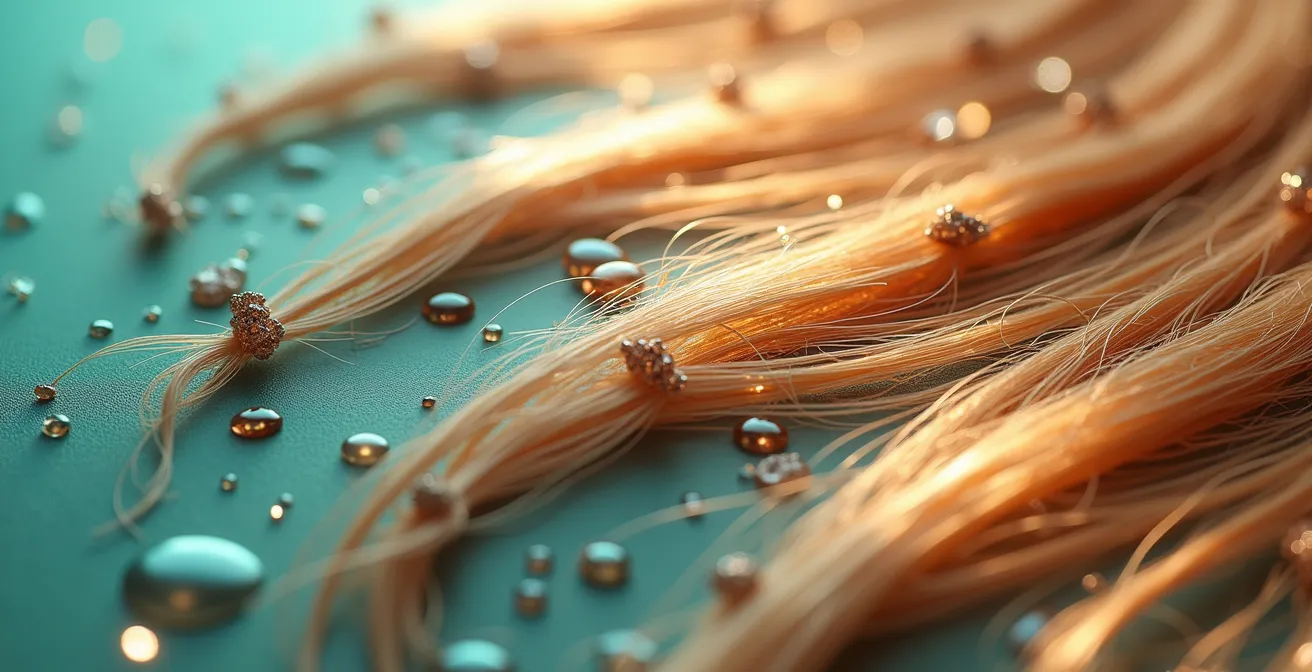 Mikroskopische Darstellung von Kupferablagerungen auf blondierten Haarfasern