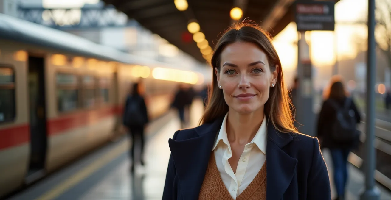 Eine stilvolle Pendlerin in einem perfekten Layering-Look steht auf einem deutschen S-Bahn-Steig und wirkt souverän und vorbereitet.