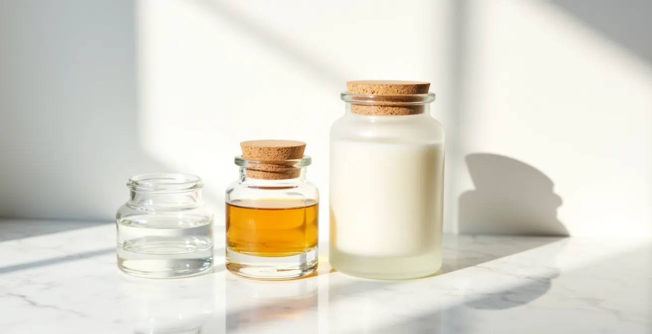 Drei Glasflaschen mit verschiedenen Texturen für die LOC-Methode arrangiert