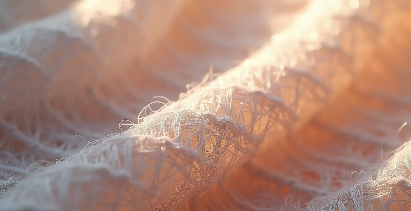 Extreme Nahaufnahme verschiedener Unterwäsche-Materialien zeigt Faserstrukturen von Baumwolle und Seide