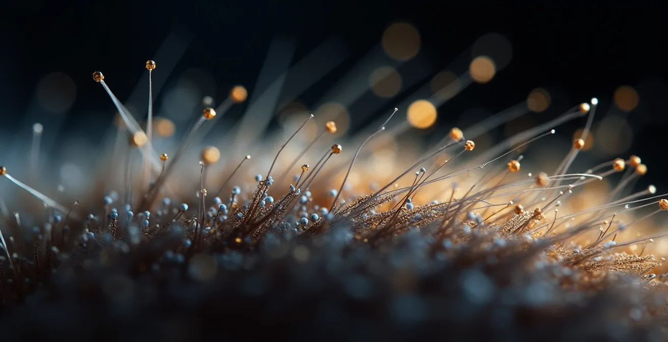 Extreme Makroaufnahme von Haarsträhnen mit sichtbaren mikroskopischen Partikeln