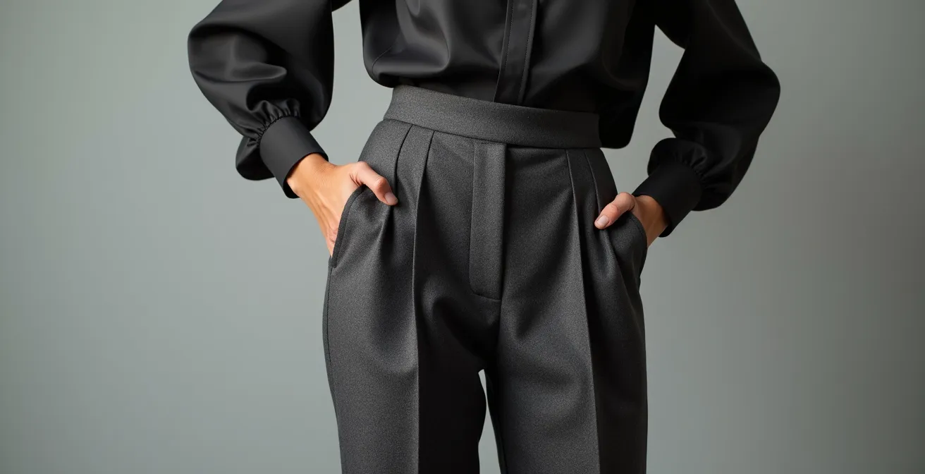 Nahaufnahme der Bundpartie einer Marlene-Hose mit perfekten Bundfalten