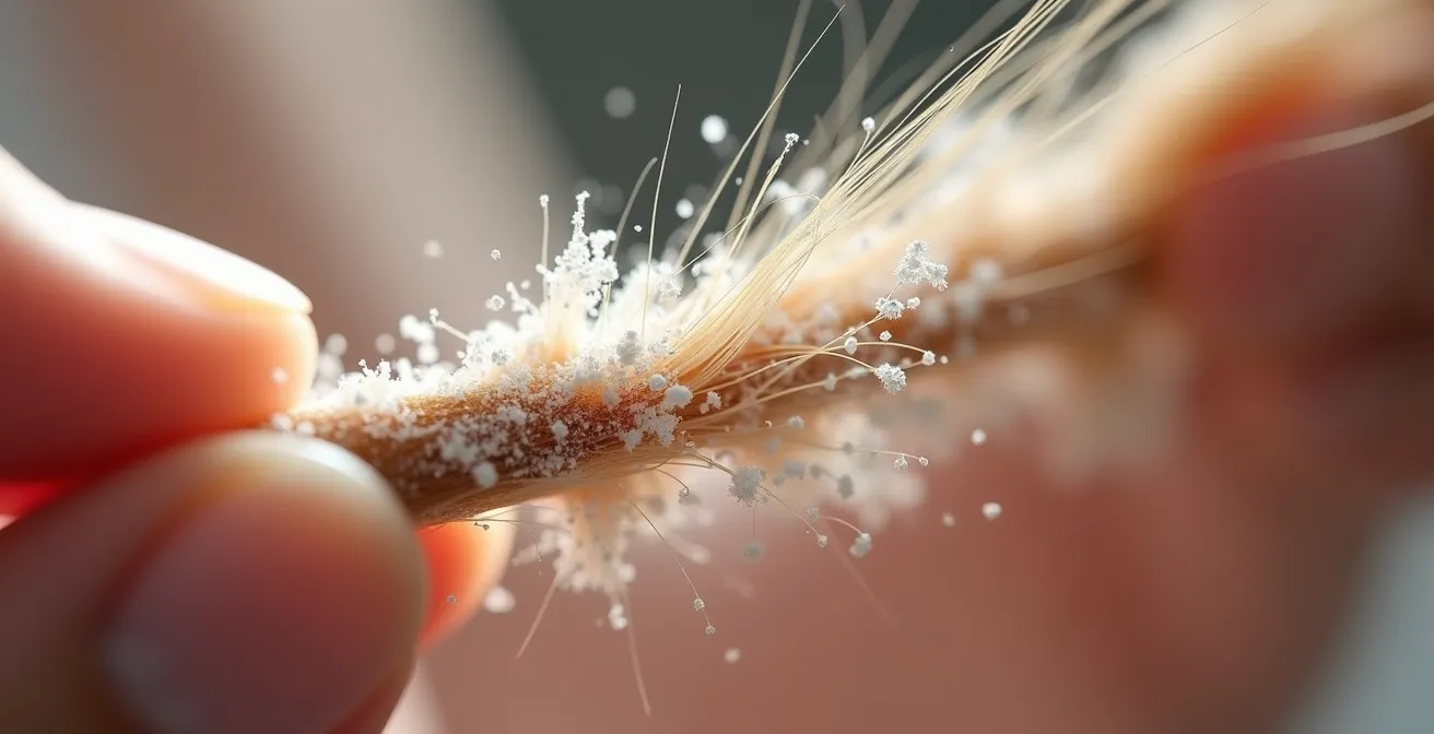 Nahaufnahme der Mehl-Test-Methode zur Erkennung von Silikonrückständen im Haar