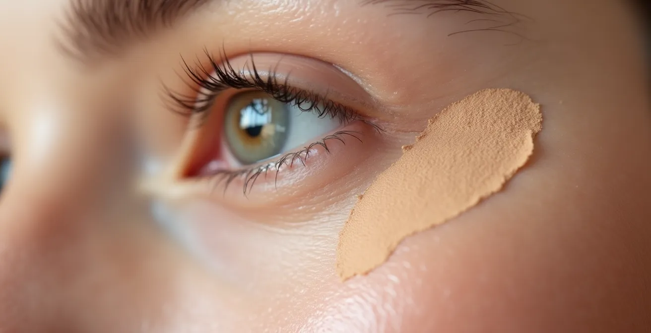 Nahaufnahme der Zwei-Ton-Concealer-Anwendung auf einer erhabenen Hautunreinheit, um sie optisch flacher wirken zu lassen.