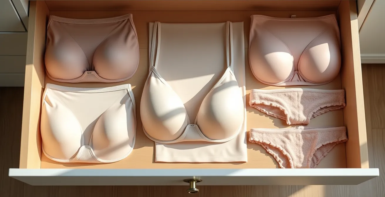 Perfekt organisierte Wäscheschublade mit wenigen, hochwertigen Dessous-Sets