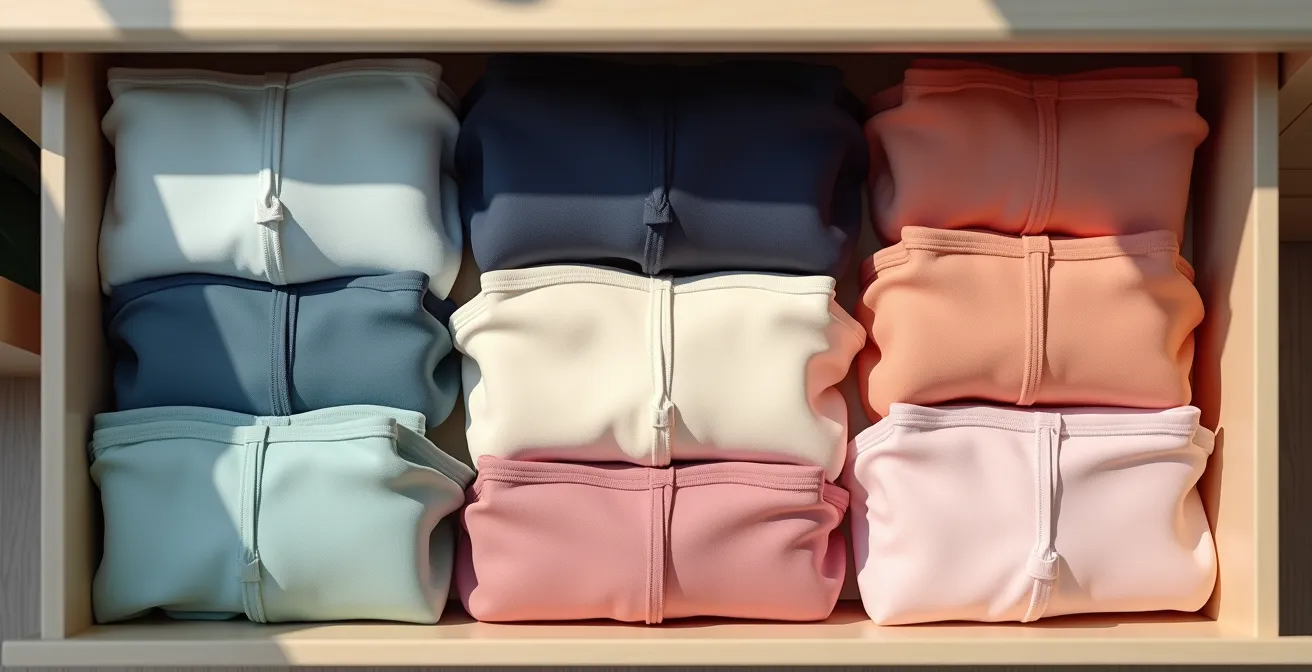 Aufgeräumte Wäscheschublade mit sorgfältig gefalteter Unterwäsche in neutralen Farben