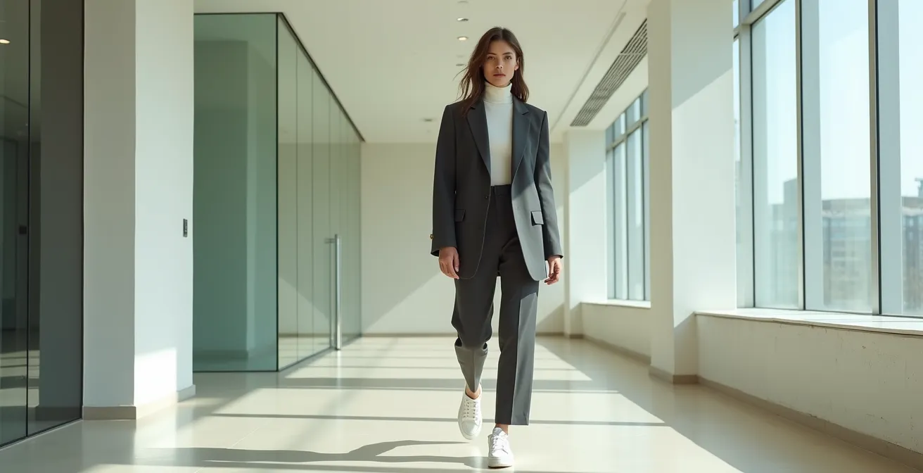 Modern interpretierter Hosenanzug mit lässigen Elementen, getragen mit einem Rollkragenpullover und Sneakern in einem minimalistischen Büro.