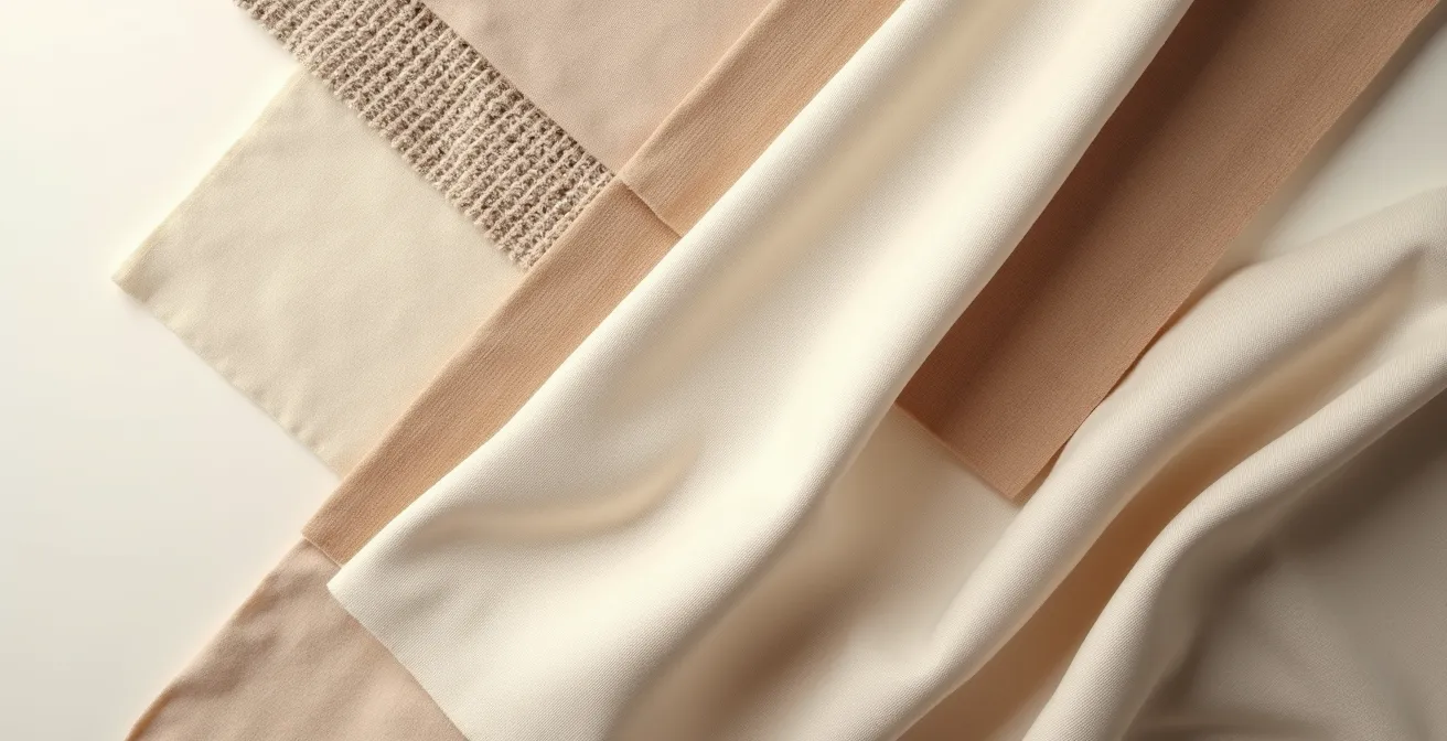Künstlerische Anordnung verschiedener Stoffe in neutralen Tönen wie Beige und Creme, die unterschiedliche Texturen wie Strick, Seide und Leinen zeigen.