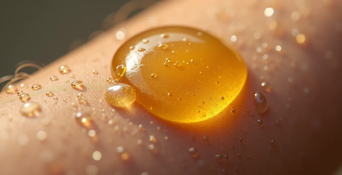 Makroaufnahme von Öltropfen auf feuchter Haut mit sichtbaren Wassertropfen