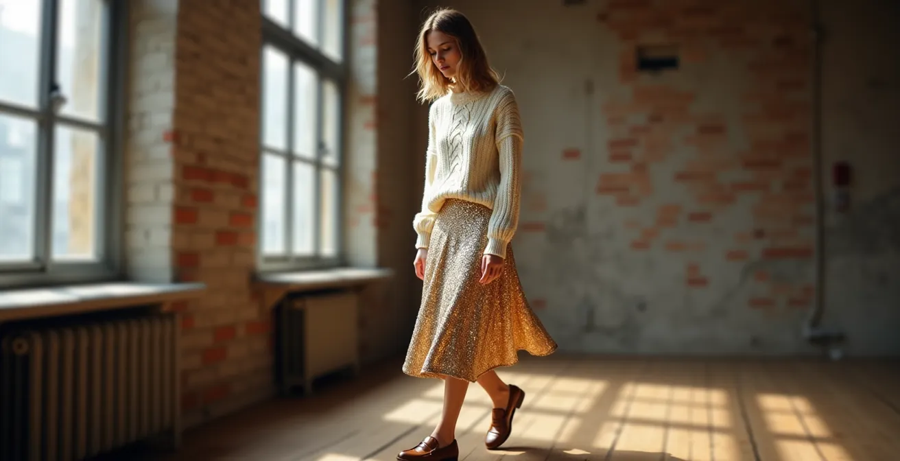 Paillettenrock kombiniert mit grobem Strickpullover und flachen Lederschuhen