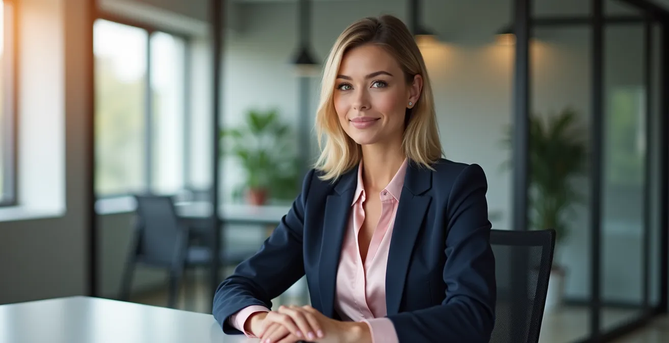 Professionelles Outfit mit Pastellakzent und starken neutralen Tönen