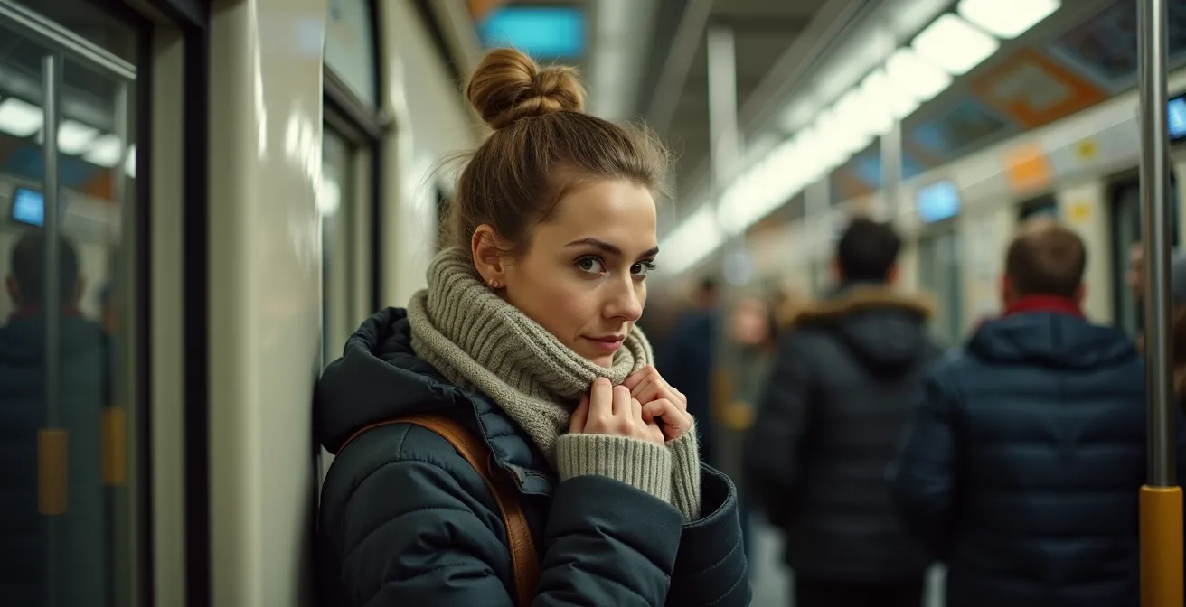Frau in der U-Bahn mit schützendem Winteroutfit und gepflegtem Haar