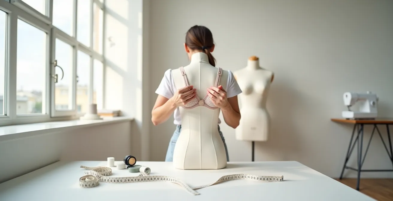 Nahaufnahme von Händen beim Anpassen eines BH-Trägers in einer Änderungsschneiderei