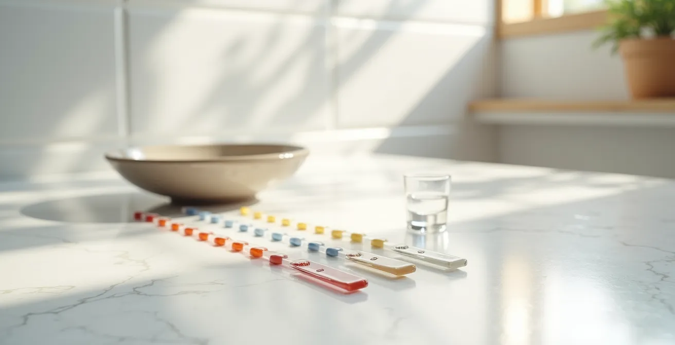 pH-Wert Test eines Shampoos mit Lackmuspapier, der verschiedene Farben auf den Streifen zeigt.